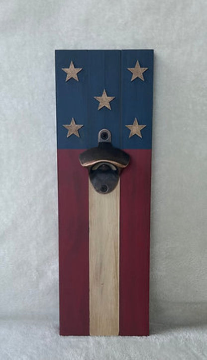 Rustic American Flag Bottle Opener w/ Magnetic Catch