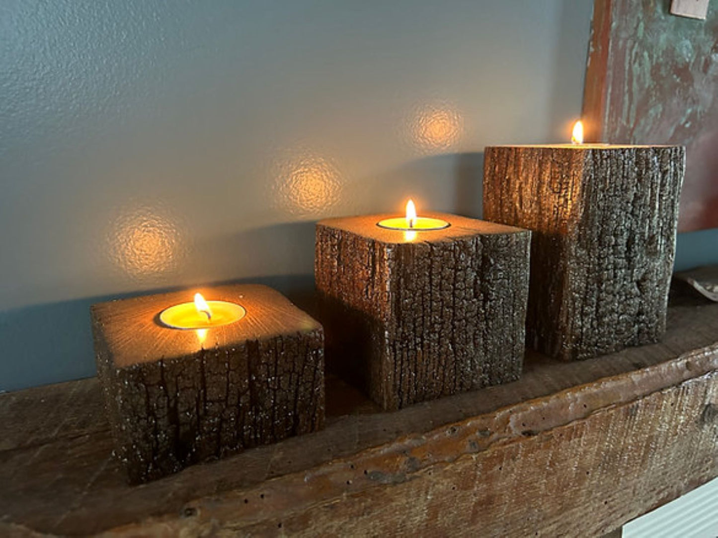 Rustic Barnwood Beam Tea Light Holders (set of 3)