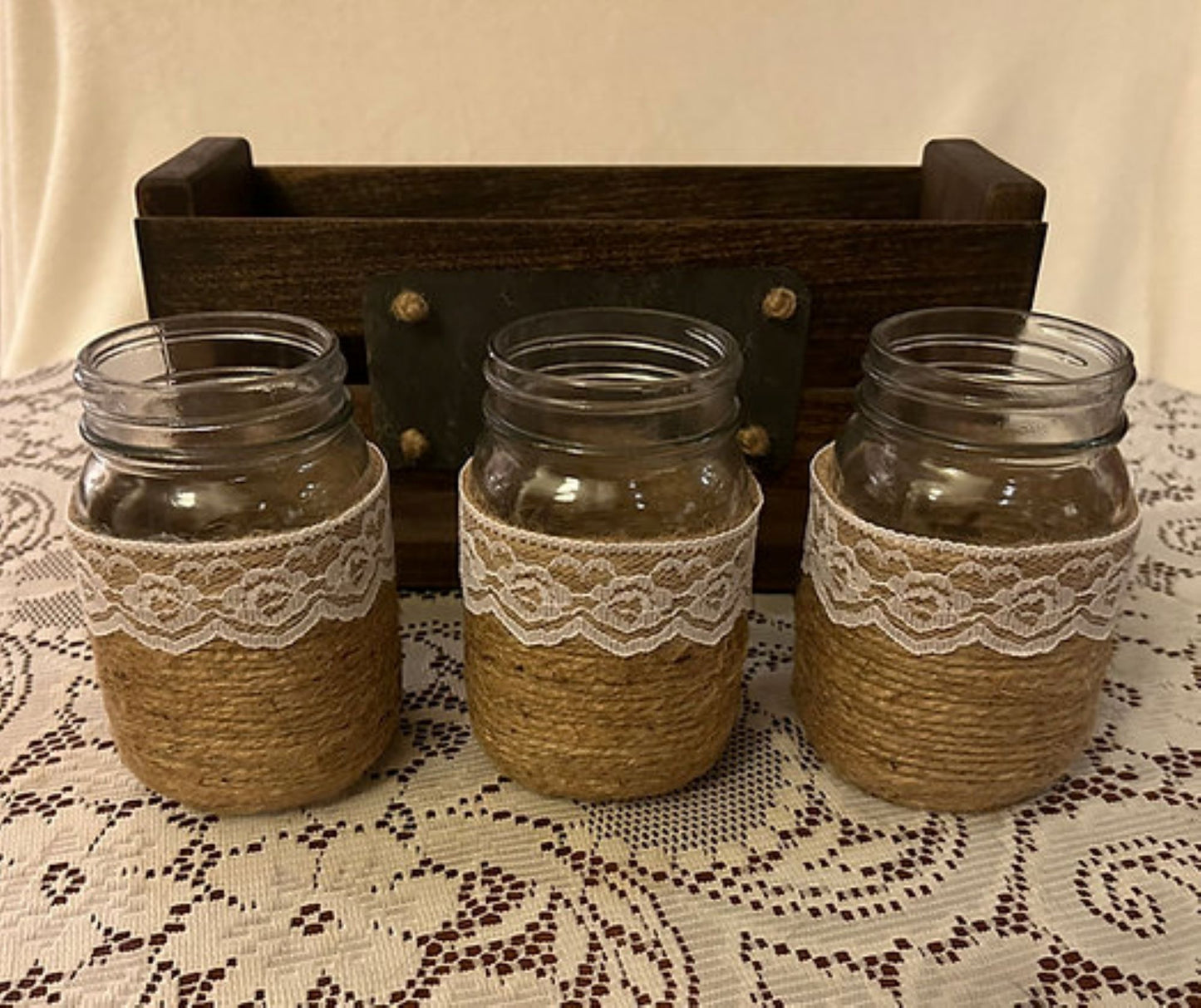 Rustic Centerpiece Box w/ 3 decorative Jars